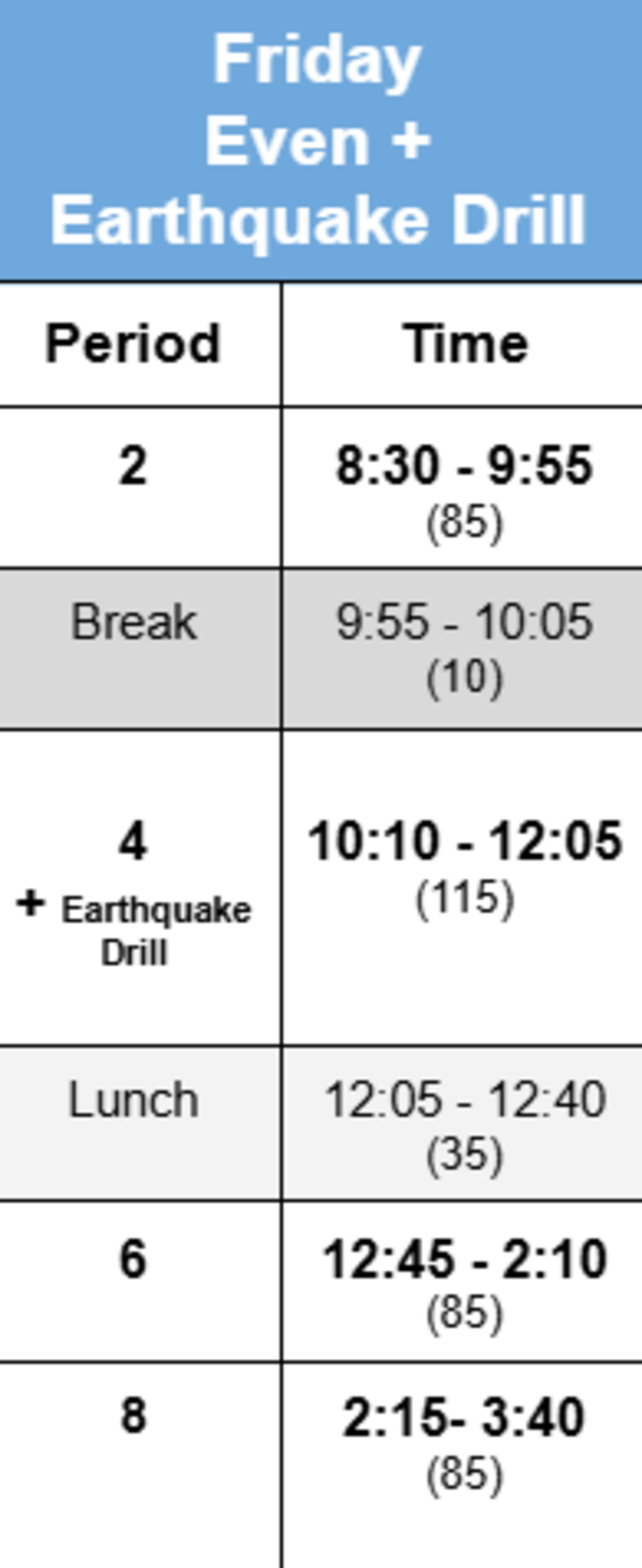 Friday Even + Earthquake Drill