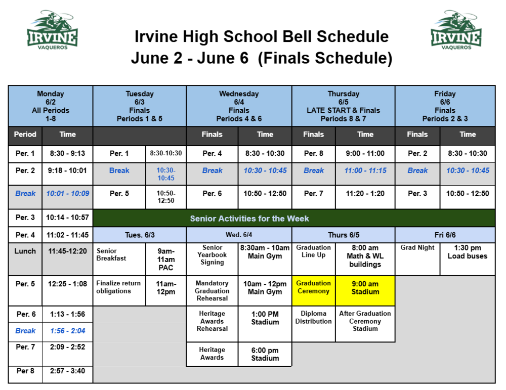 2025 Spring Finals Week Schedule