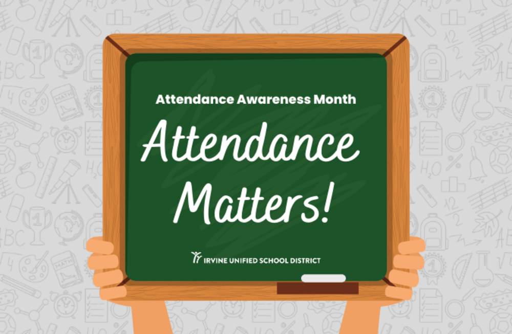 A chalkboard with the message 'Attendance Matters!' is held by two hands.