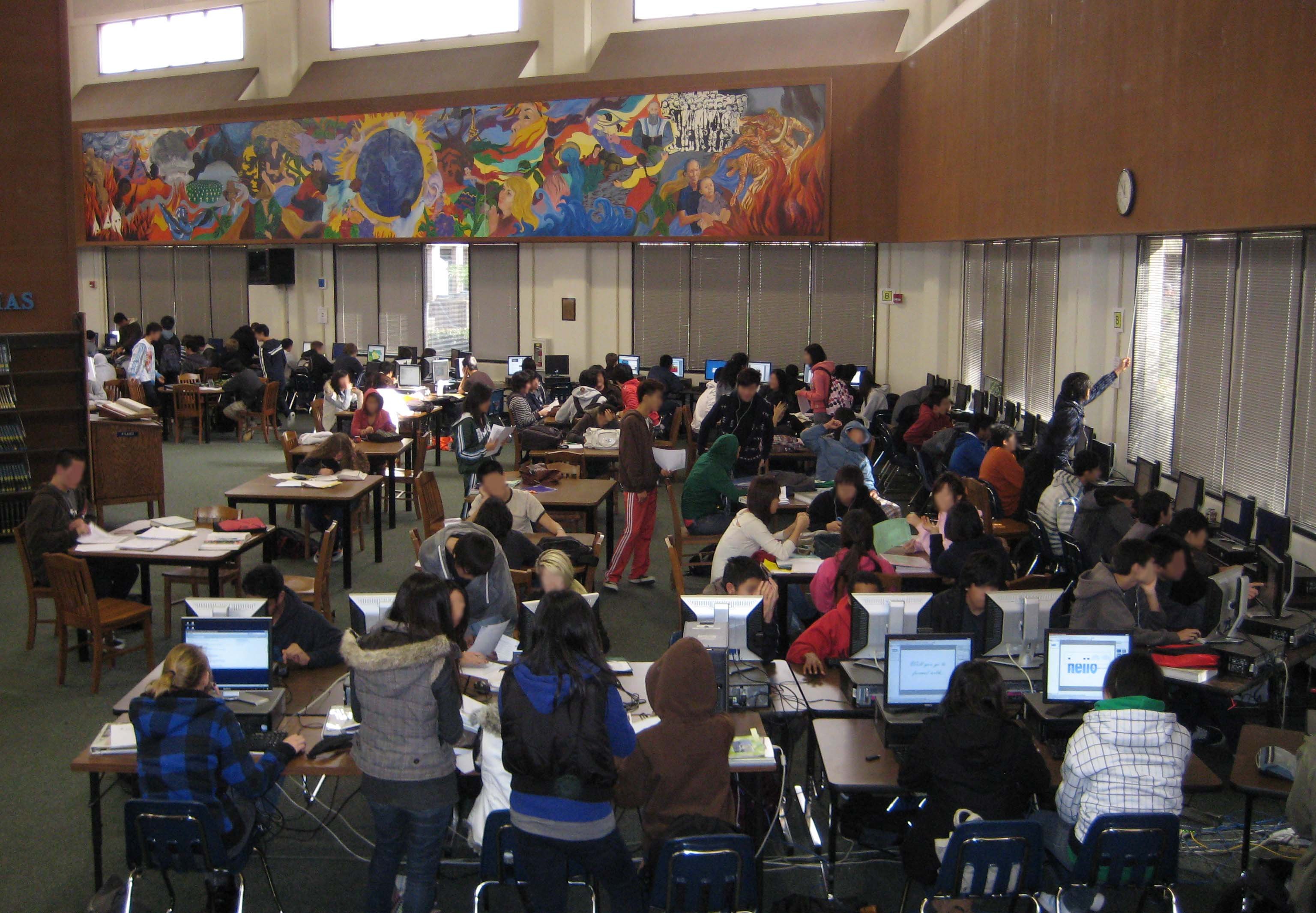 Students working in library