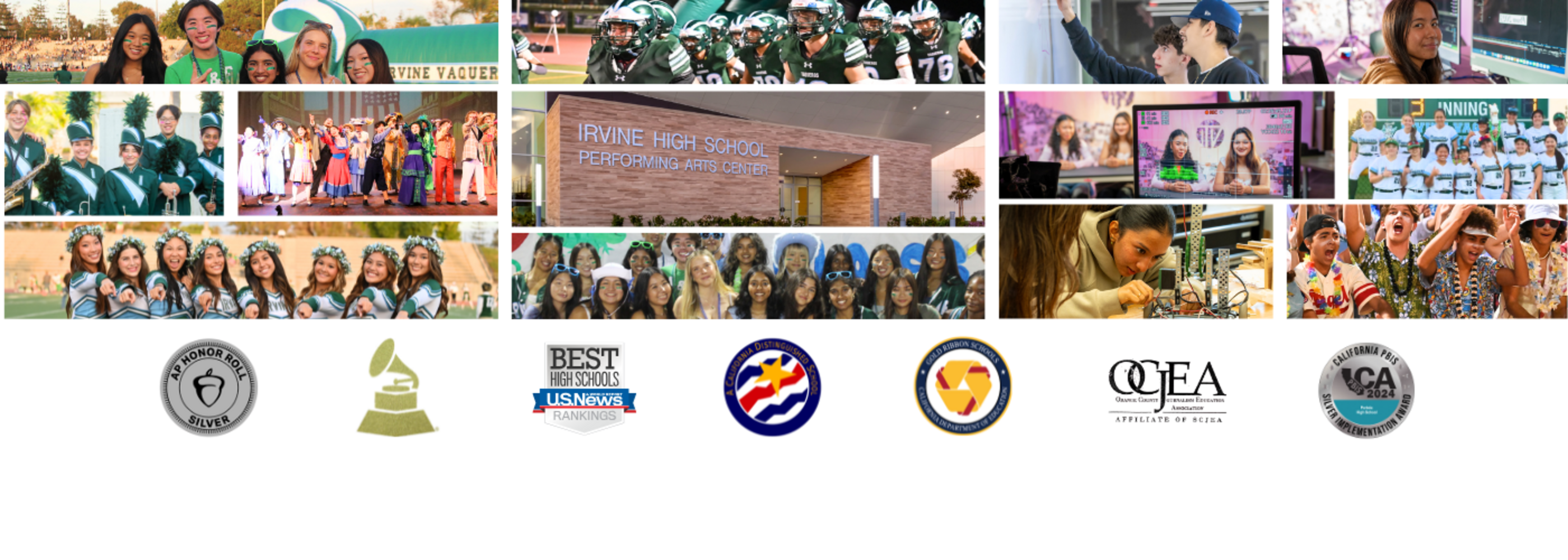 Photo collage of students, campus and academics, along with logos of awards